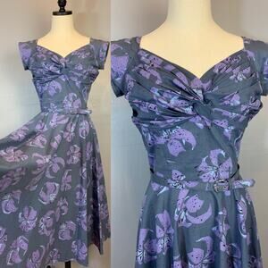 50s Swing Dress Tiger Lily Gray Blue Purple Small MD Garden Party Pleated Bust